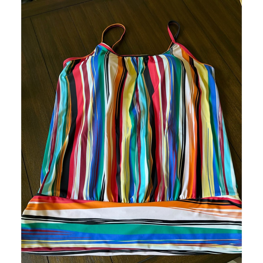 Meetcurve Womens 3XL Tankini Swim Top Multicolor Striped Blouson Padded Strappy